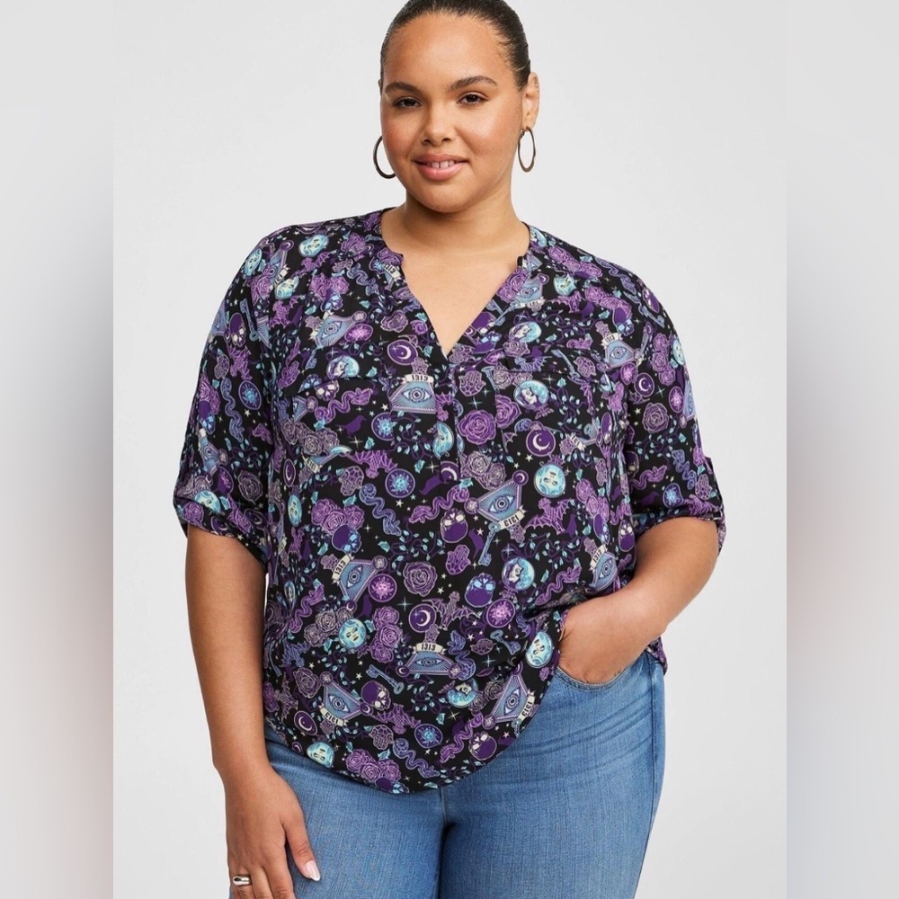 Torrid Disney Harper Haunted Mansion Button Down Chiffon Tunic Tattoo Shirt 4X